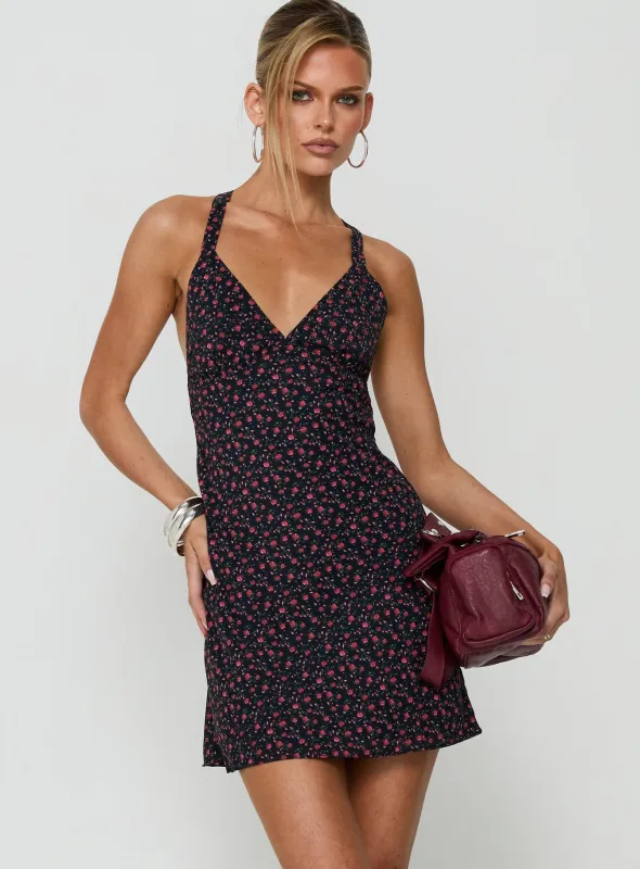 Rosabelle Halter Satin Mini Dress Navy / Red Floral made by Princess Polly