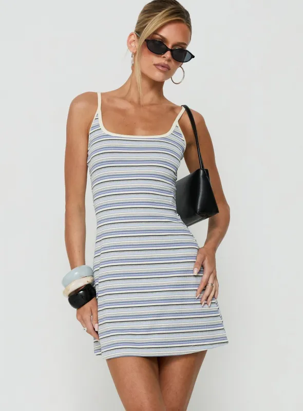 Storyteller A Line Jersey Mini Dress Blue / Yellow Stripe made by Princess Polly