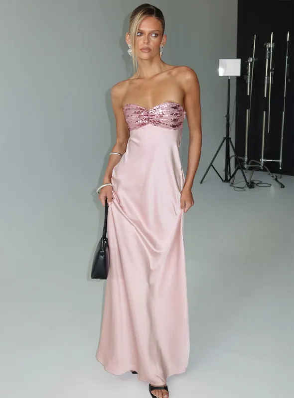 See The Vision Sequin Bust Strapless Maxi Dress Pink made by Princess Polly