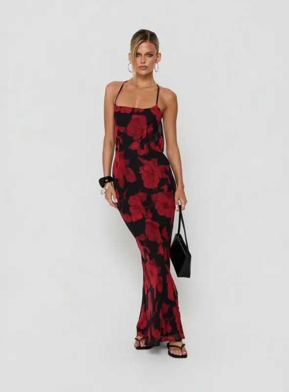 Bishopp Tie Back Maxi Dress Red Floral made by Princess Polly