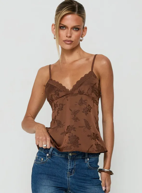 Had Me At Hello Lace Trim Floral Detail Top Chocolate made by Princess Polly