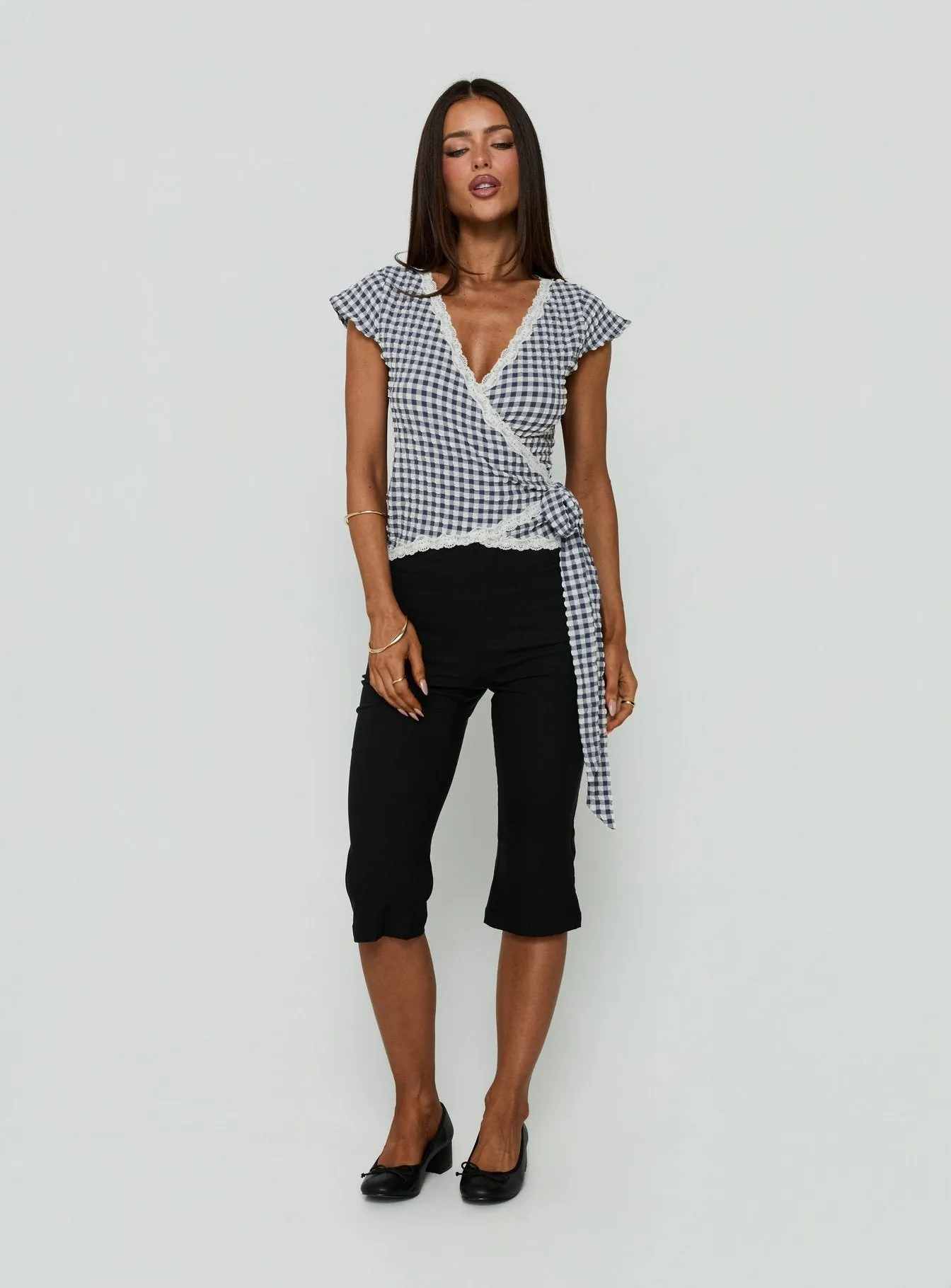 Meltwater Lace Trim Wrap Detail Top Navy Check sold by Princess Polly product image thumbnail 3