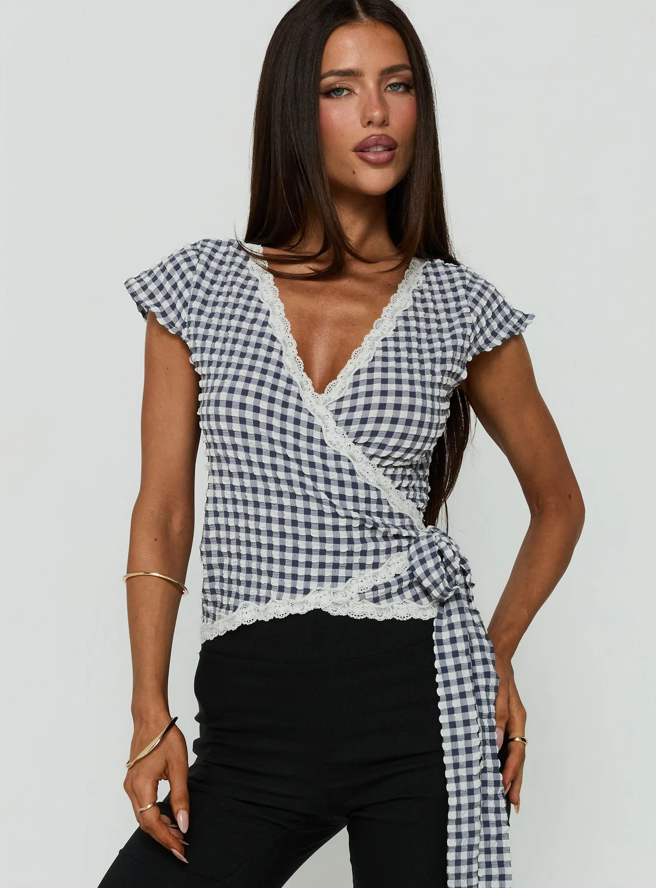 Meltwater Lace Trim Wrap Detail Top Navy Check sold by Princess Polly product image thumbnail 2