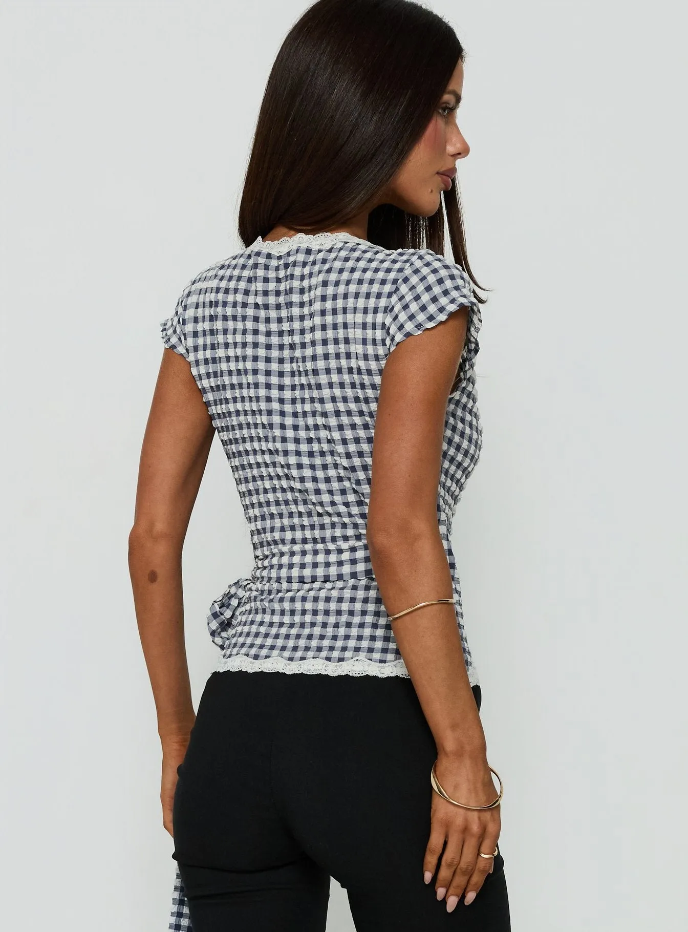 Meltwater Lace Trim Wrap Detail Top Navy Check sold by Princess Polly product image thumbnail 5