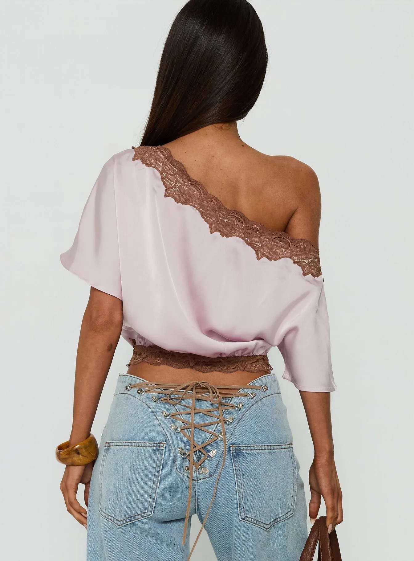 Full Send Off Shoulder Lace Trim Top Pink / Brown sold by Princess Polly product image thumbnail 5