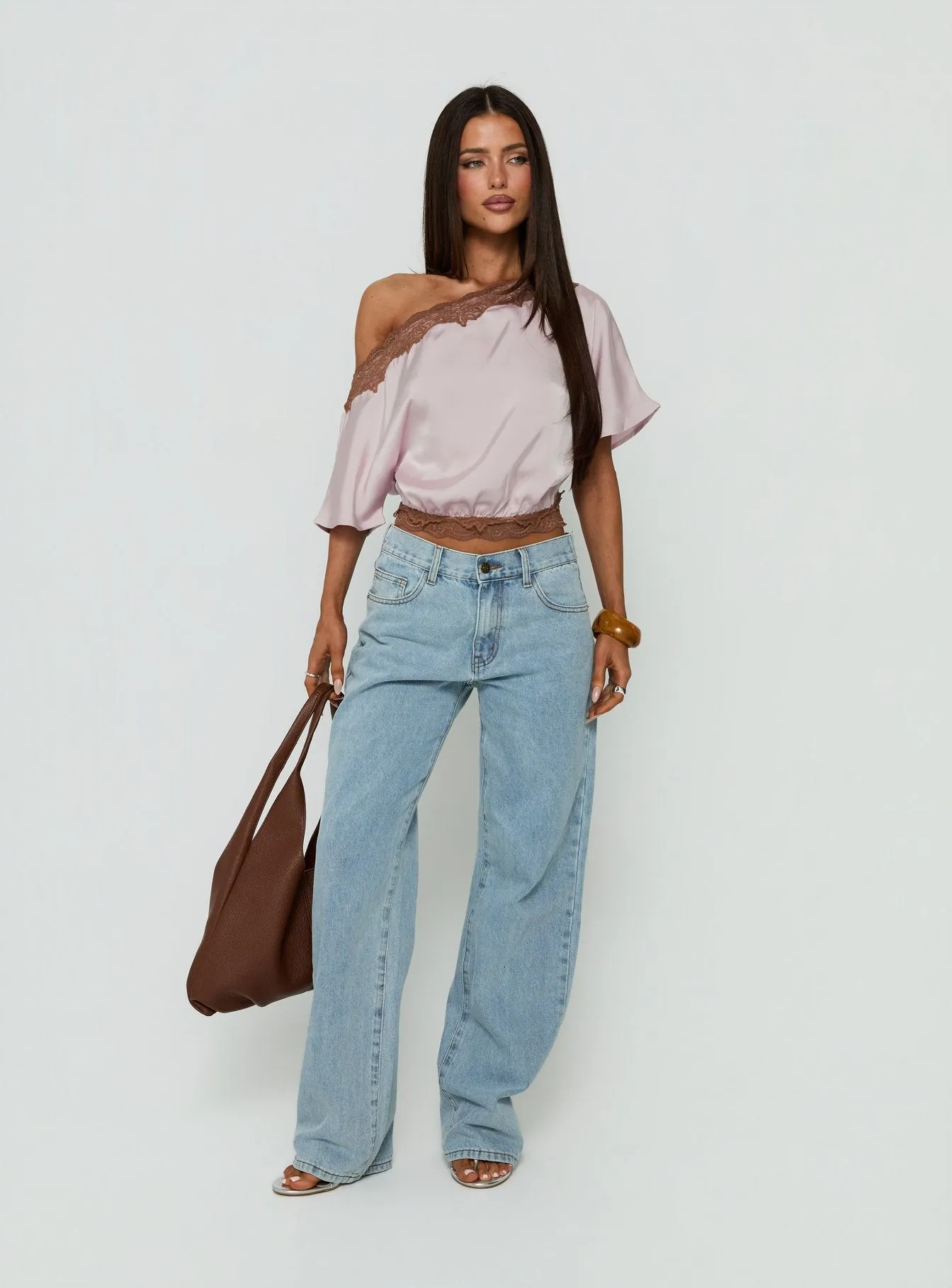 Full Send Off Shoulder Lace Trim Top Pink / Brown sold by Princess Polly product image thumbnail 3