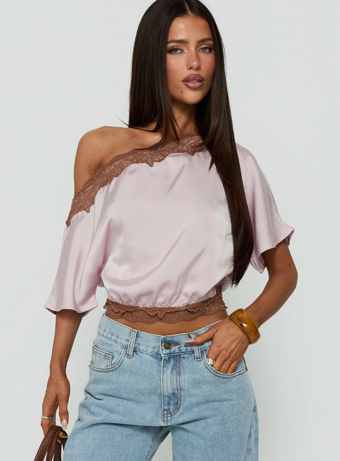 Full Send Off Shoulder Lace Trim Top Pink / Brown sold by Princess Polly product image thumbnail 2