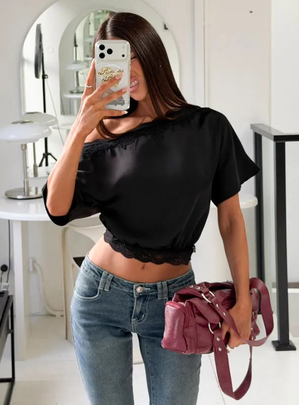 Full Send Off Shoulder Lace Trim Top Black made by Princess Polly