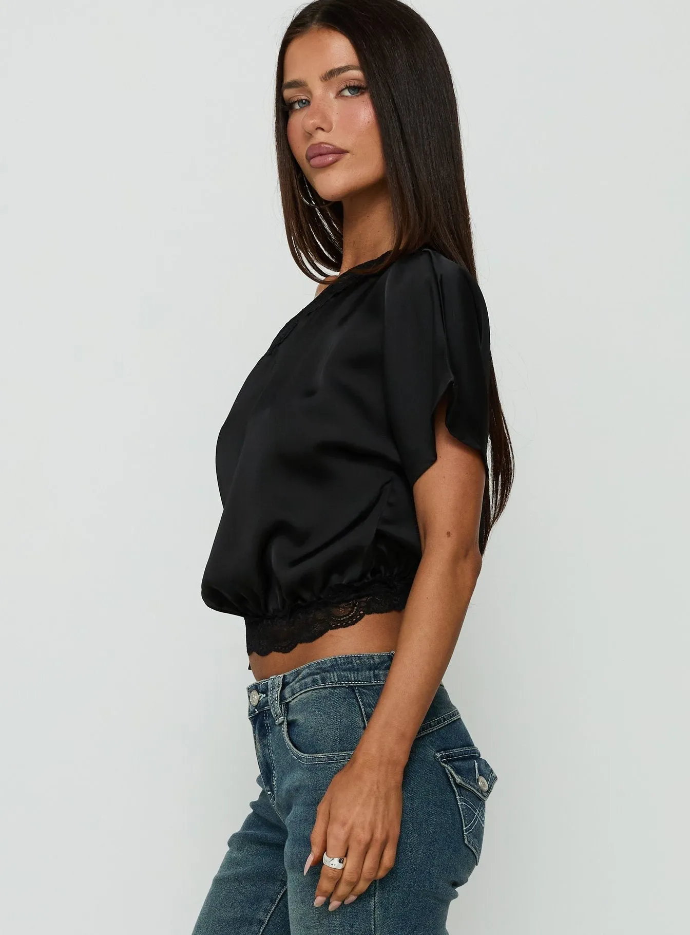 Full Send Off Shoulder Lace Trim Top Black sold by Princess Polly product image thumbnail 4