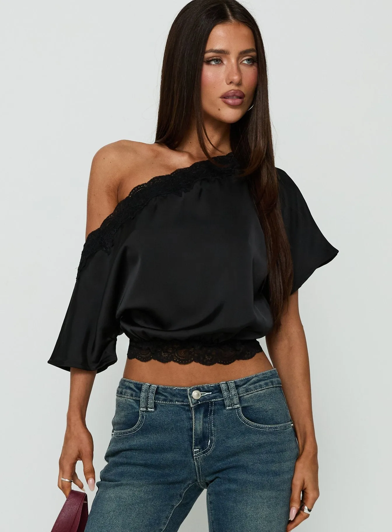 Full Send Off Shoulder Lace Trim Top Black sold by Princess Polly product image thumbnail 2