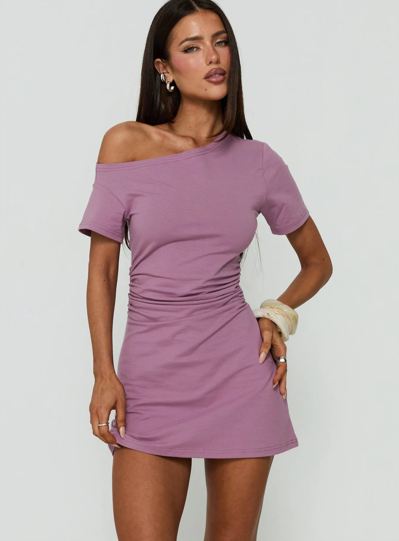 Avriana Off Shoulder T-Shirt Mini Dress Purple sold by Princess Polly product image thumbnail 2