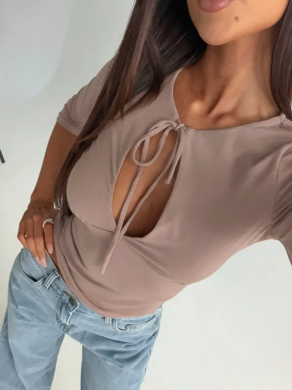 Yemina Keyhole 3/4 Sleeve Top Mushroom made by Princess Polly