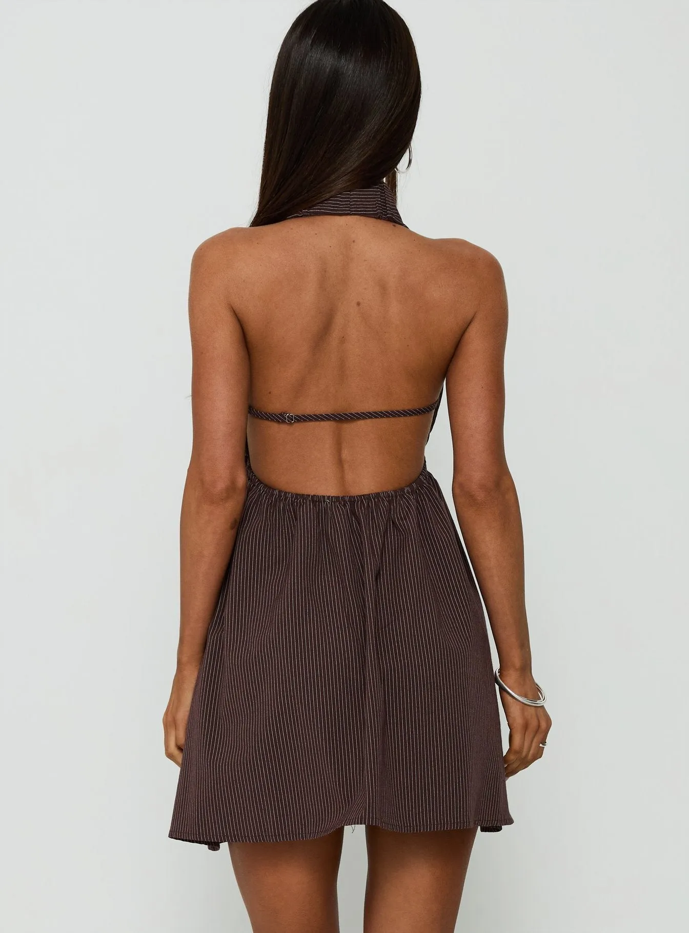 Ellisan Halter Scoop Back Mini Dress Chocolate Stripe sold by Princess Polly product image thumbnail 4