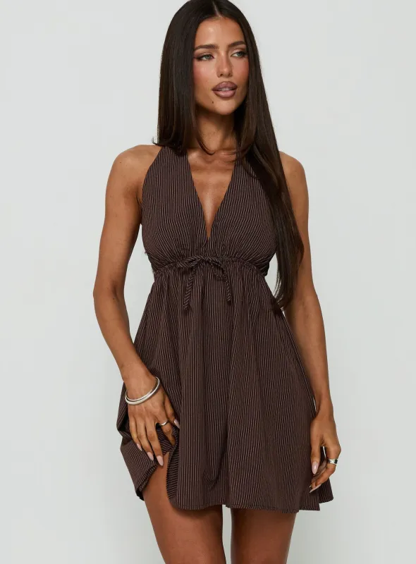 Ellisan Halter Scoop Back Mini Dress Chocolate Stripe made by Princess Polly