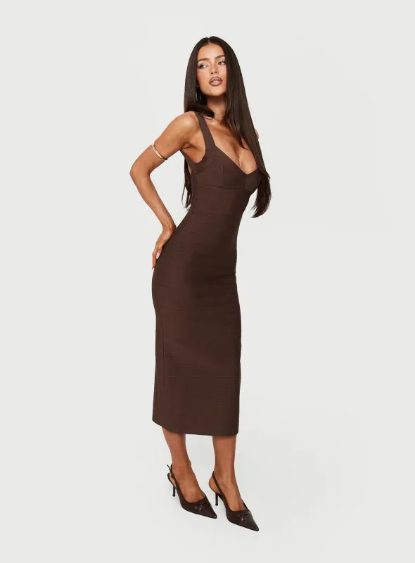 Justina Bandage Midi Dress Brown made by Princess Polly