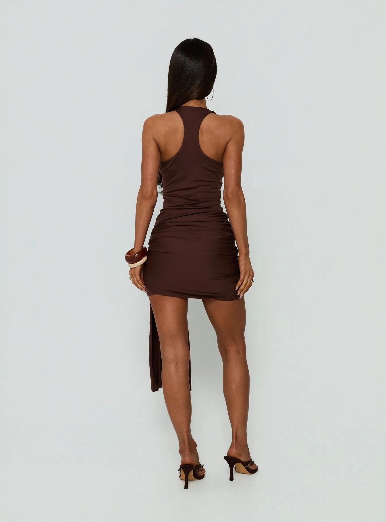 Elvara Ruched Scarf Mini Dress Chocolate sold by Princess Polly product image thumbnail 5