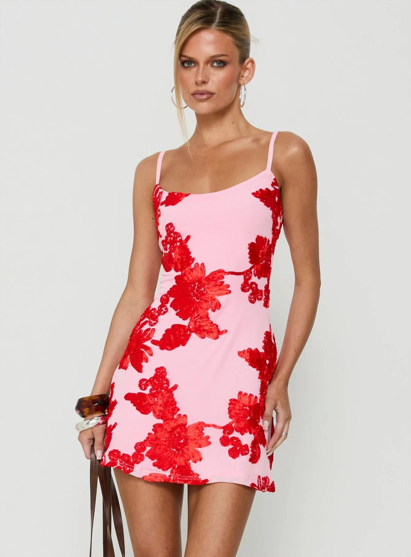 Kareina Scoop Embroidered Mini Dress Pink / Red sold by Princess Polly