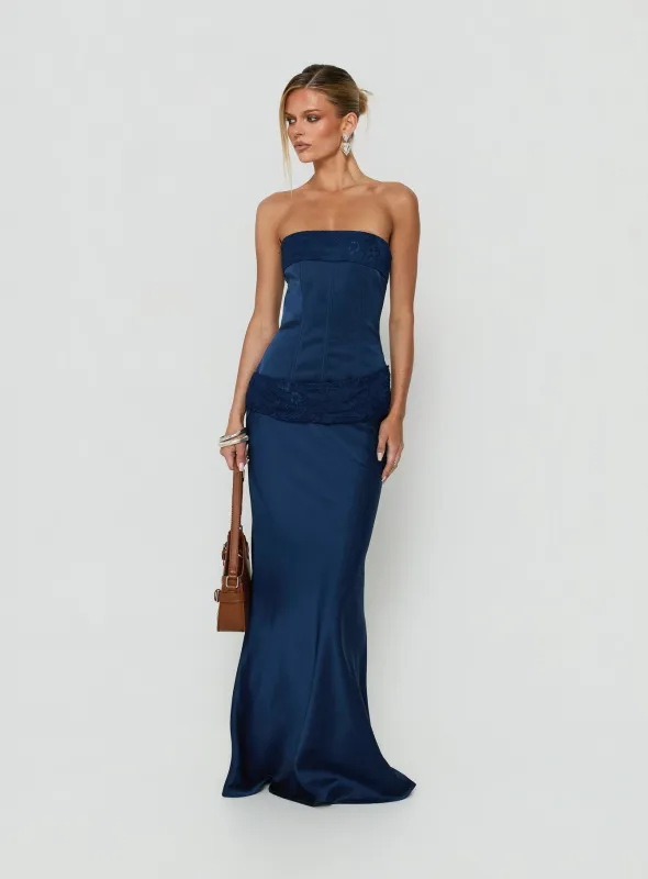 Sura Strapless Lace Detail Maxi Dress Navy made by Princess Polly