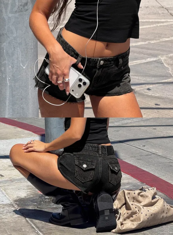 Milania Ultra Low Rise Mini Denim Shorts Vintage Black made by Princess Polly