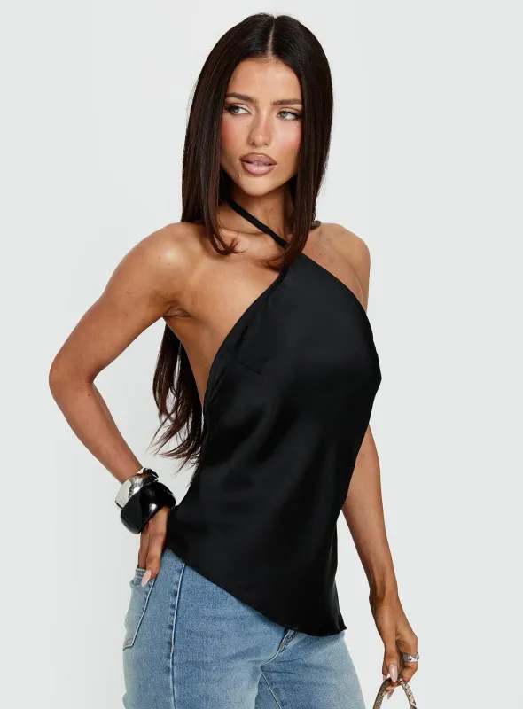 Sanford Satin Asymmetrical Arrowneck Top Black made by Princess Polly