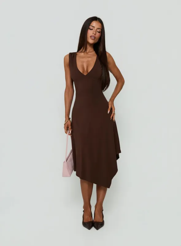Louisia V Neck Hanky Hem Midi Dress Brown made by Princess Polly