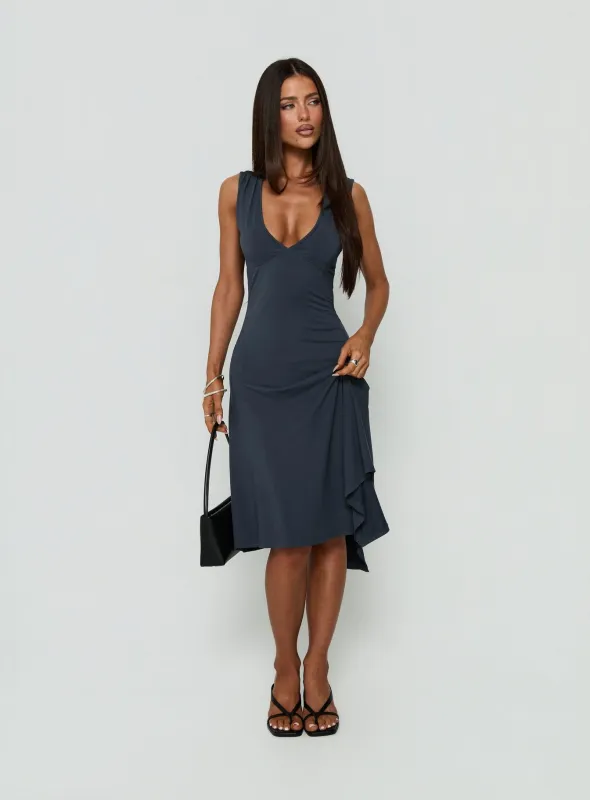 Louisia V Neck Hanky Hem Midi Dress Charcoal made by Princess Polly