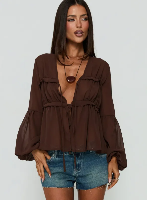 Chasing Sunsets Sheer Long Sleeve Top Chocolate made by Princess Polly
