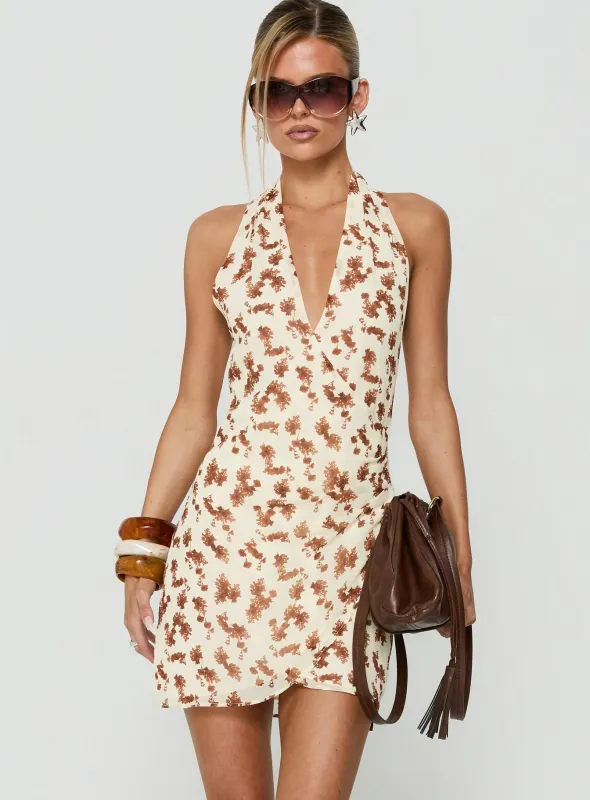 Jaymia Plunge Halter Mini Dress Yellow Floral made by Princess Polly