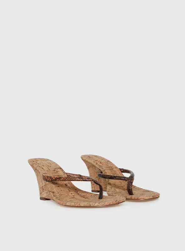 Fluke Cork Wedge Thong Heels Chocolate made by Princess Polly