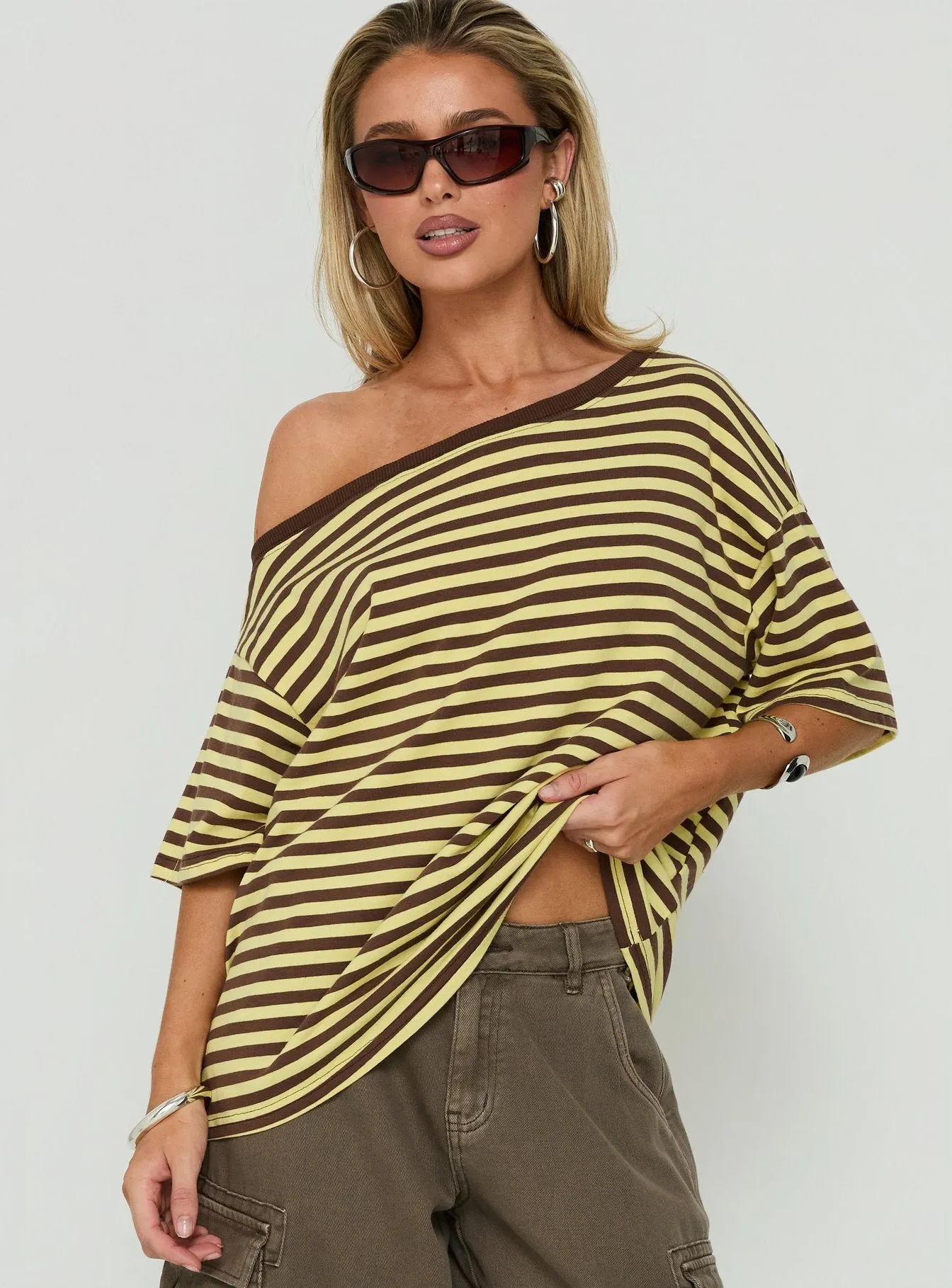 Settle Down One Shoulder Top Yellow / Chocolate Stripe sold by Princess Polly product image thumbnail 2