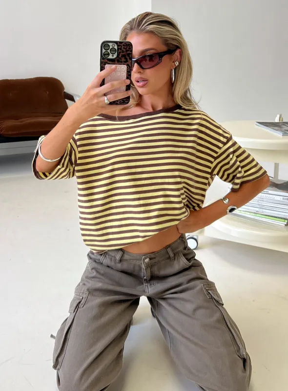 Settle Down One Shoulder Top Yellow / Chocolate Stripe made by Princess Polly