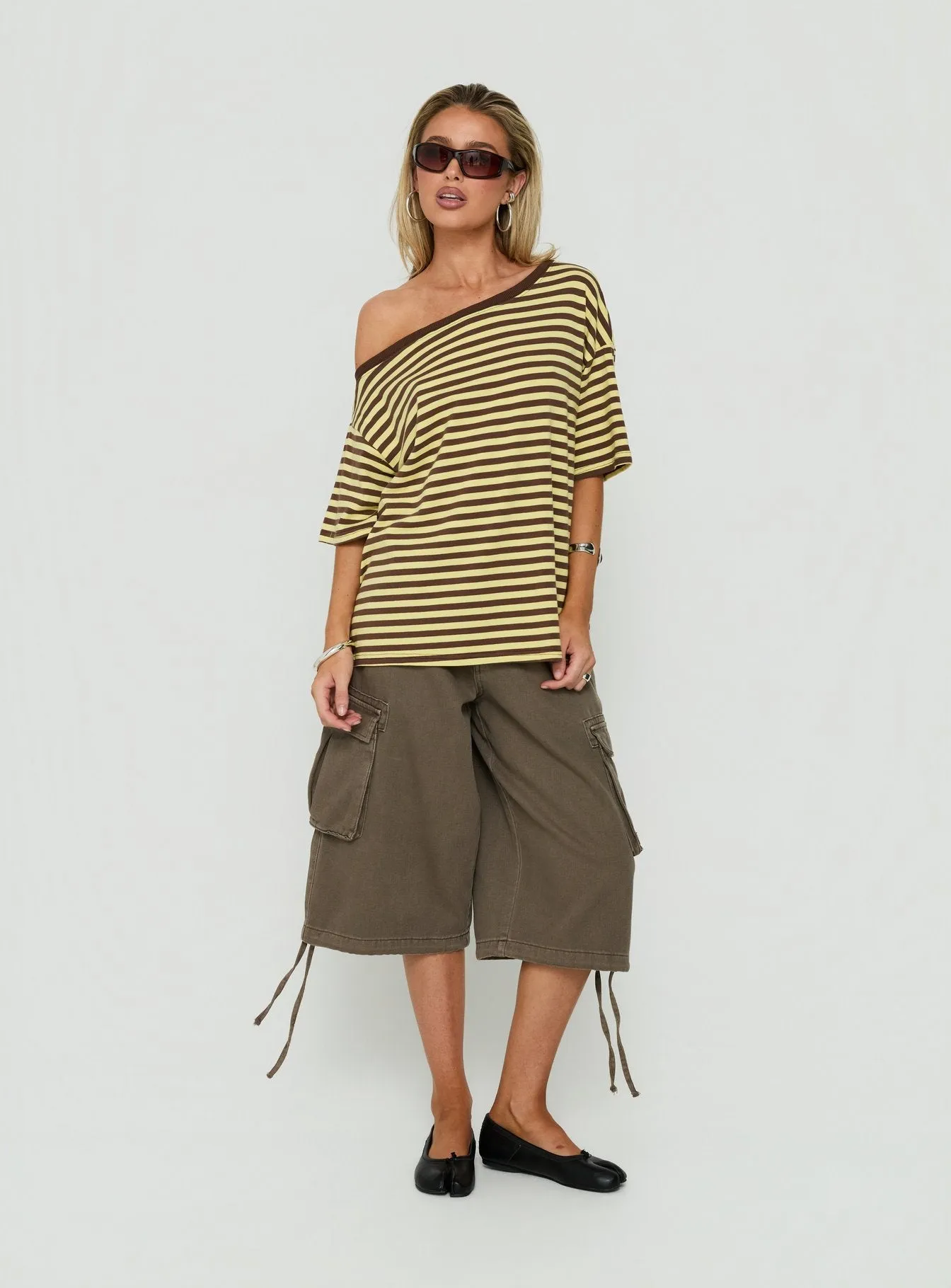 Settle Down One Shoulder Top Yellow / Chocolate Stripe sold by Princess Polly product image thumbnail 3