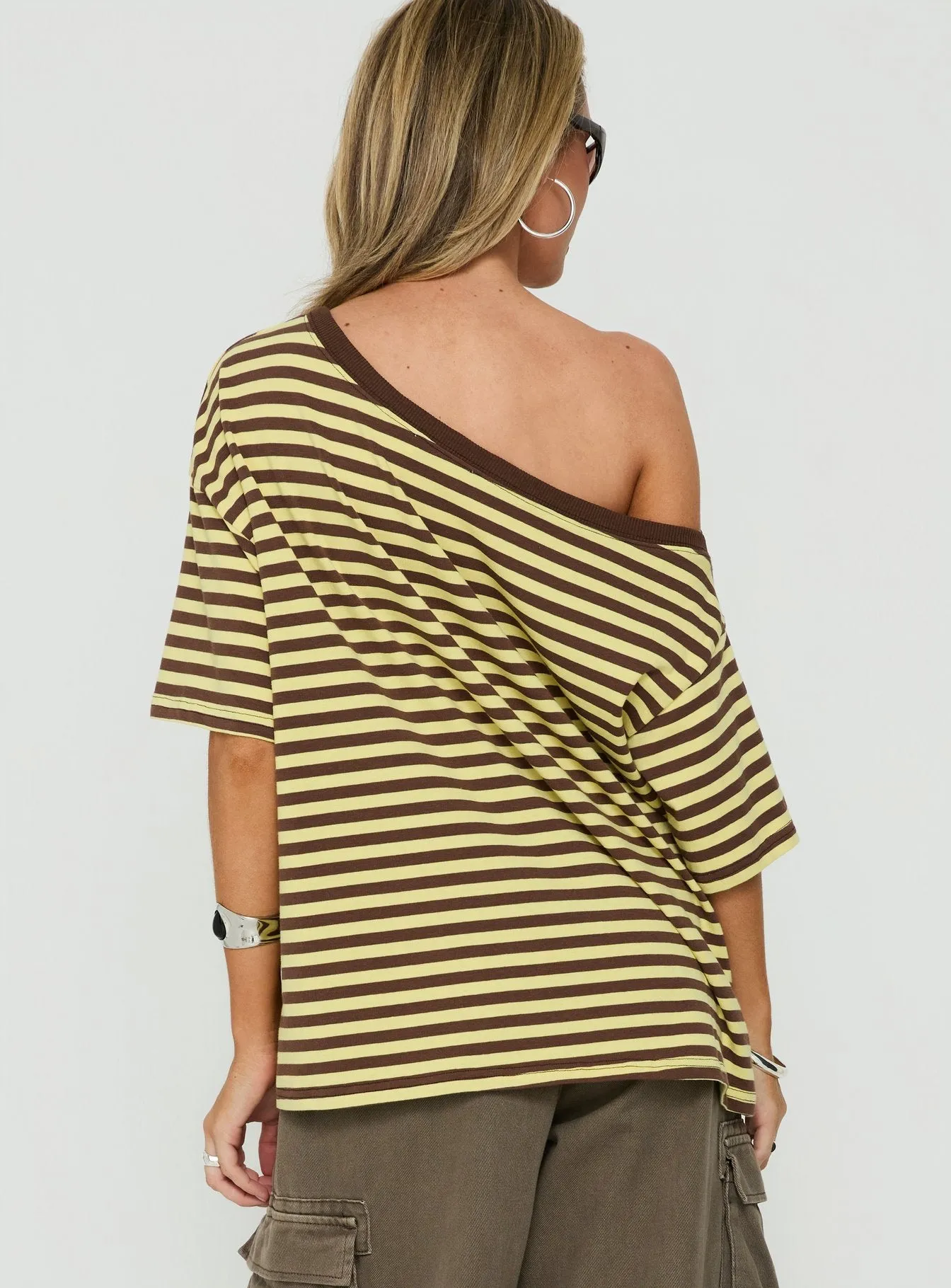 Settle Down One Shoulder Top Yellow / Chocolate Stripe sold by Princess Polly product image thumbnail 5
