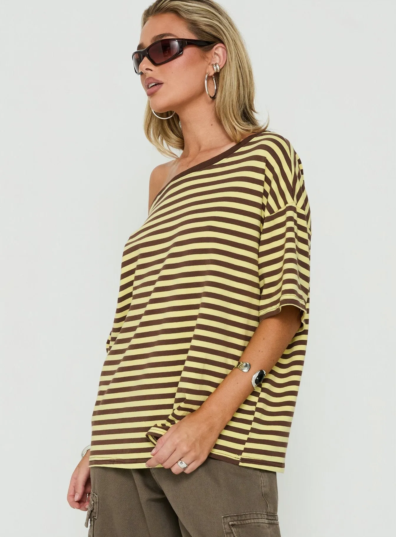 Settle Down One Shoulder Top Yellow / Chocolate Stripe sold by Princess Polly product image thumbnail 4