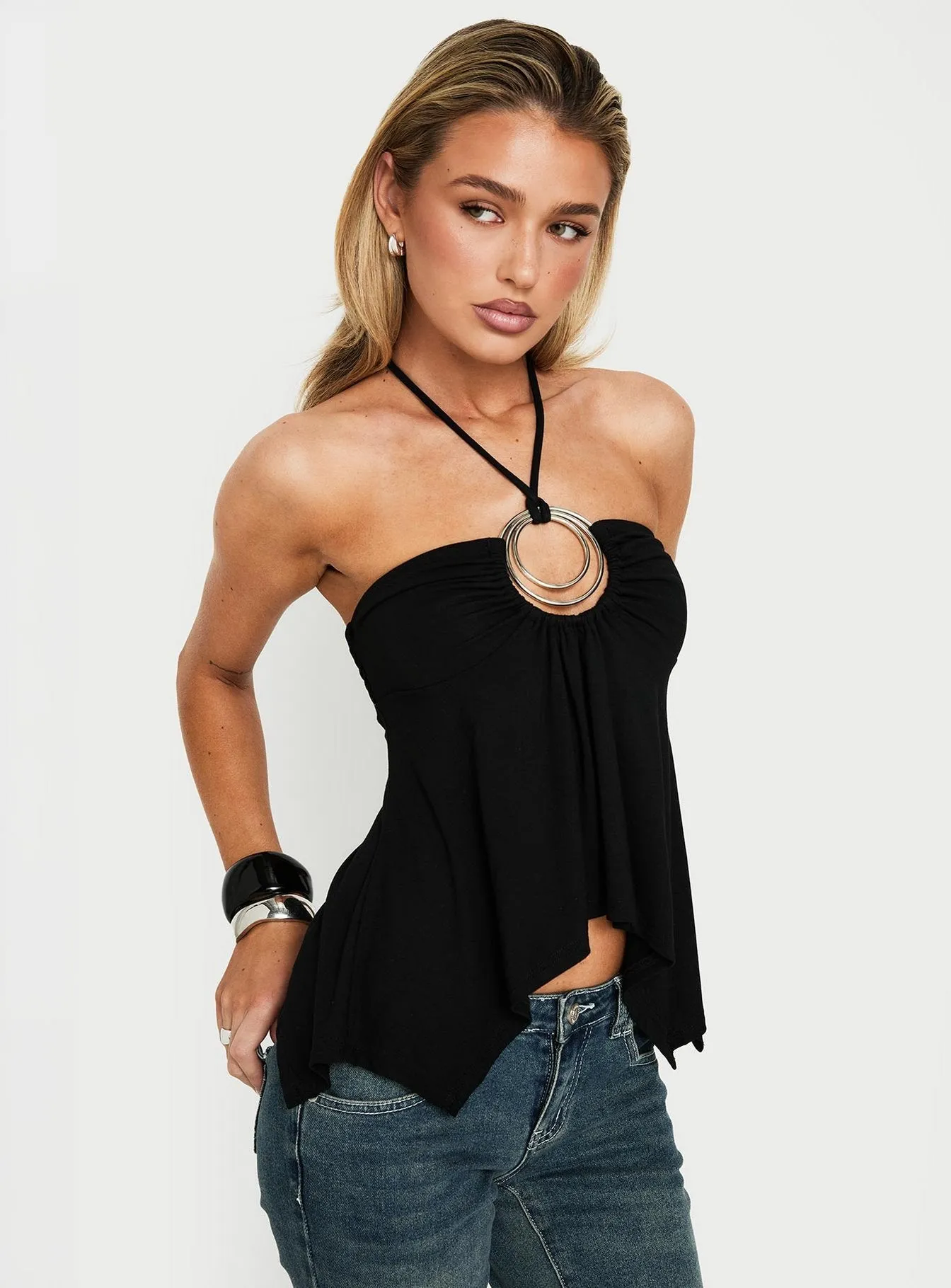 Betsey Ring Detail Tie Neck Top Black sold by Princess Polly