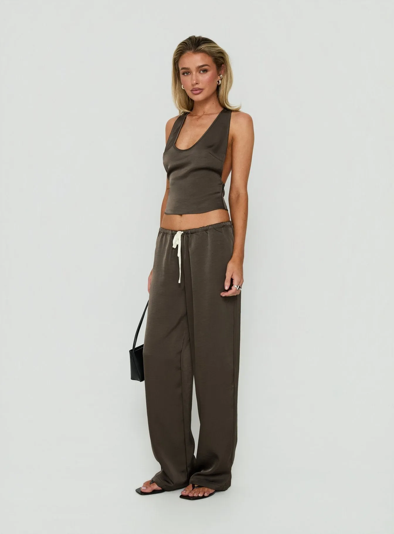Dialled Up Tie Waist Satin Pants Mocha sold by Princess Polly product image thumbnail 4