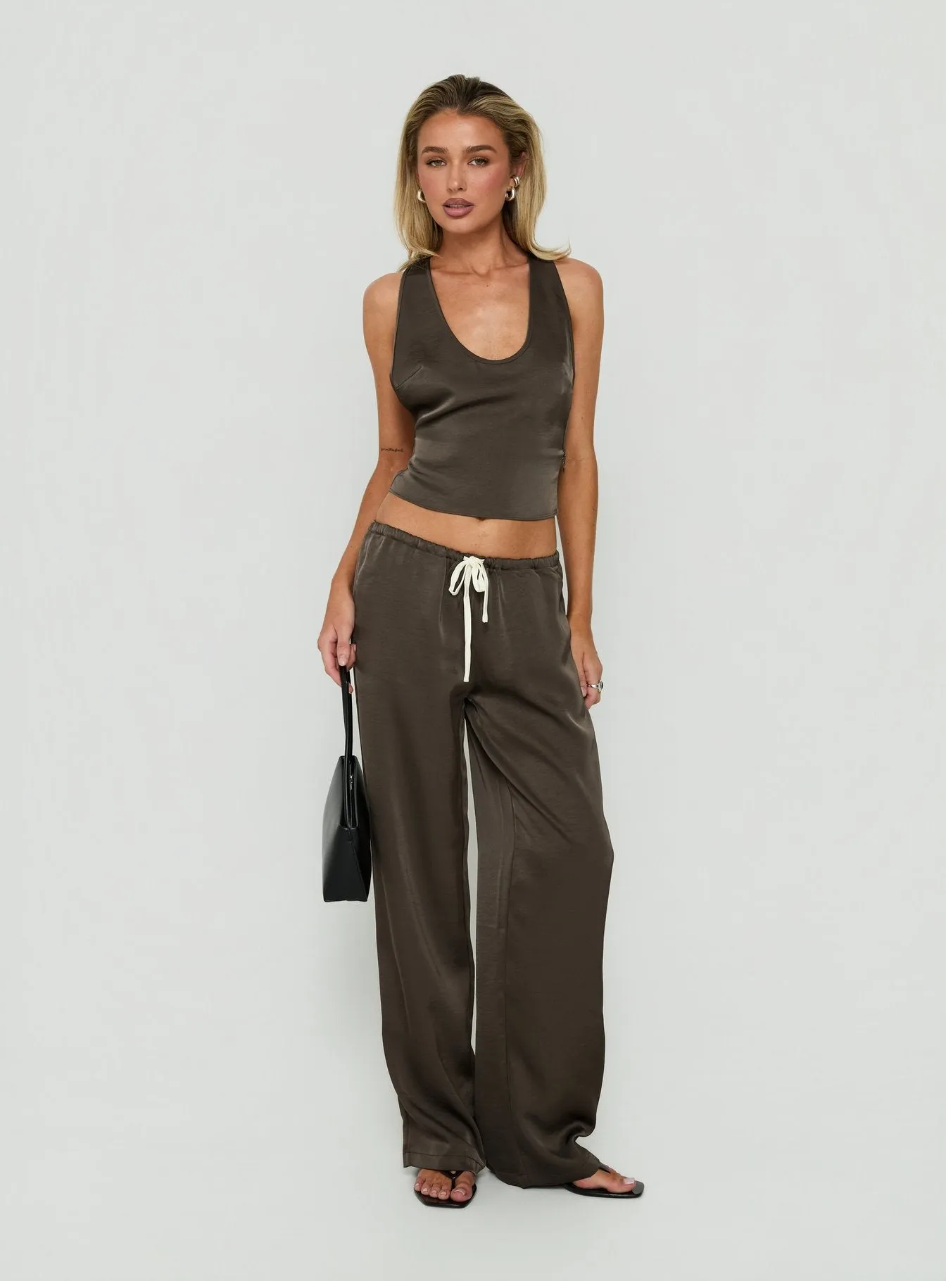 Dialled Up Tie Waist Satin Pants Mocha sold by Princess Polly product image thumbnail 3