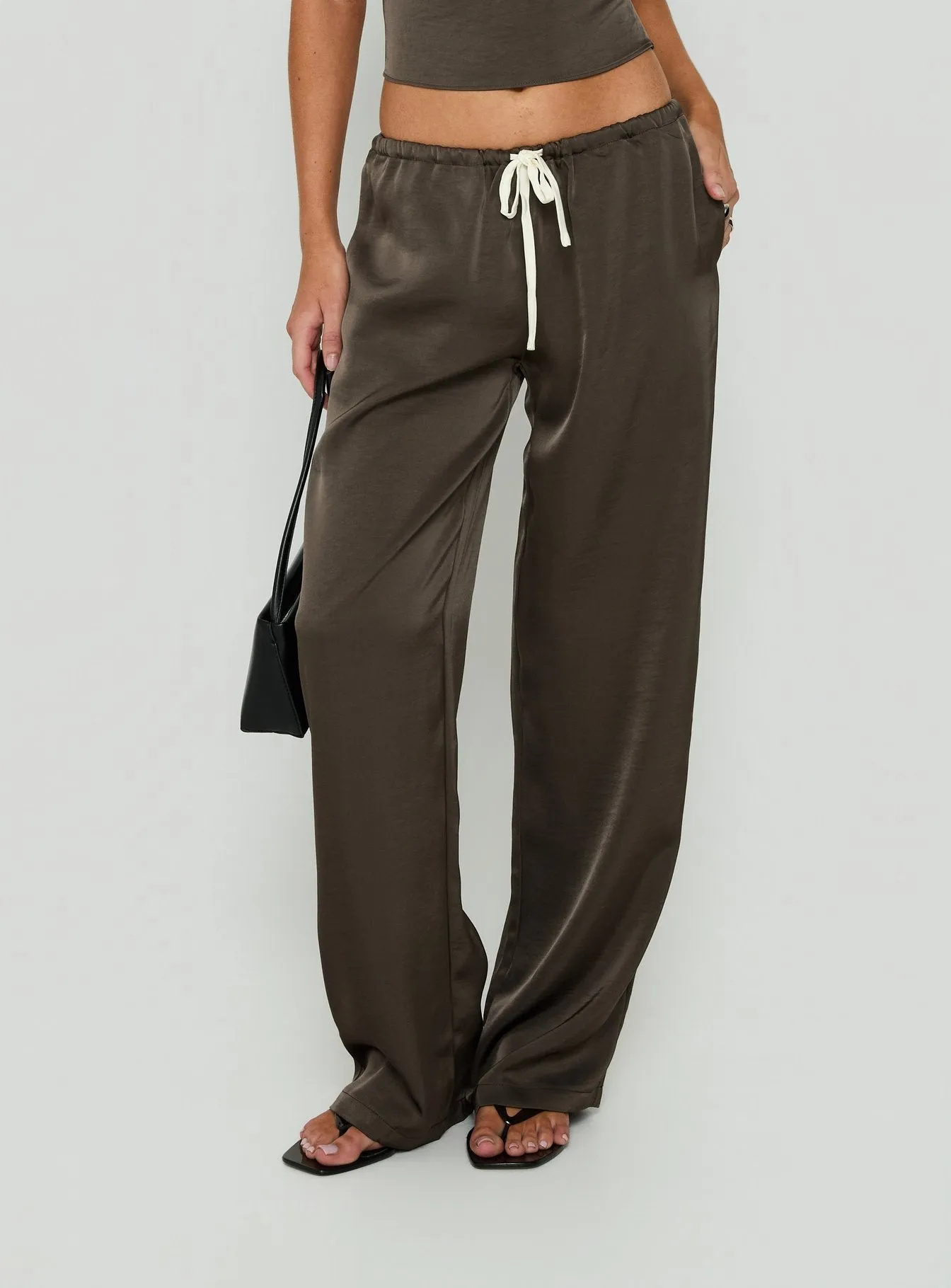 Dialled Up Tie Waist Satin Pants Mocha sold by Princess Polly product image thumbnail 2