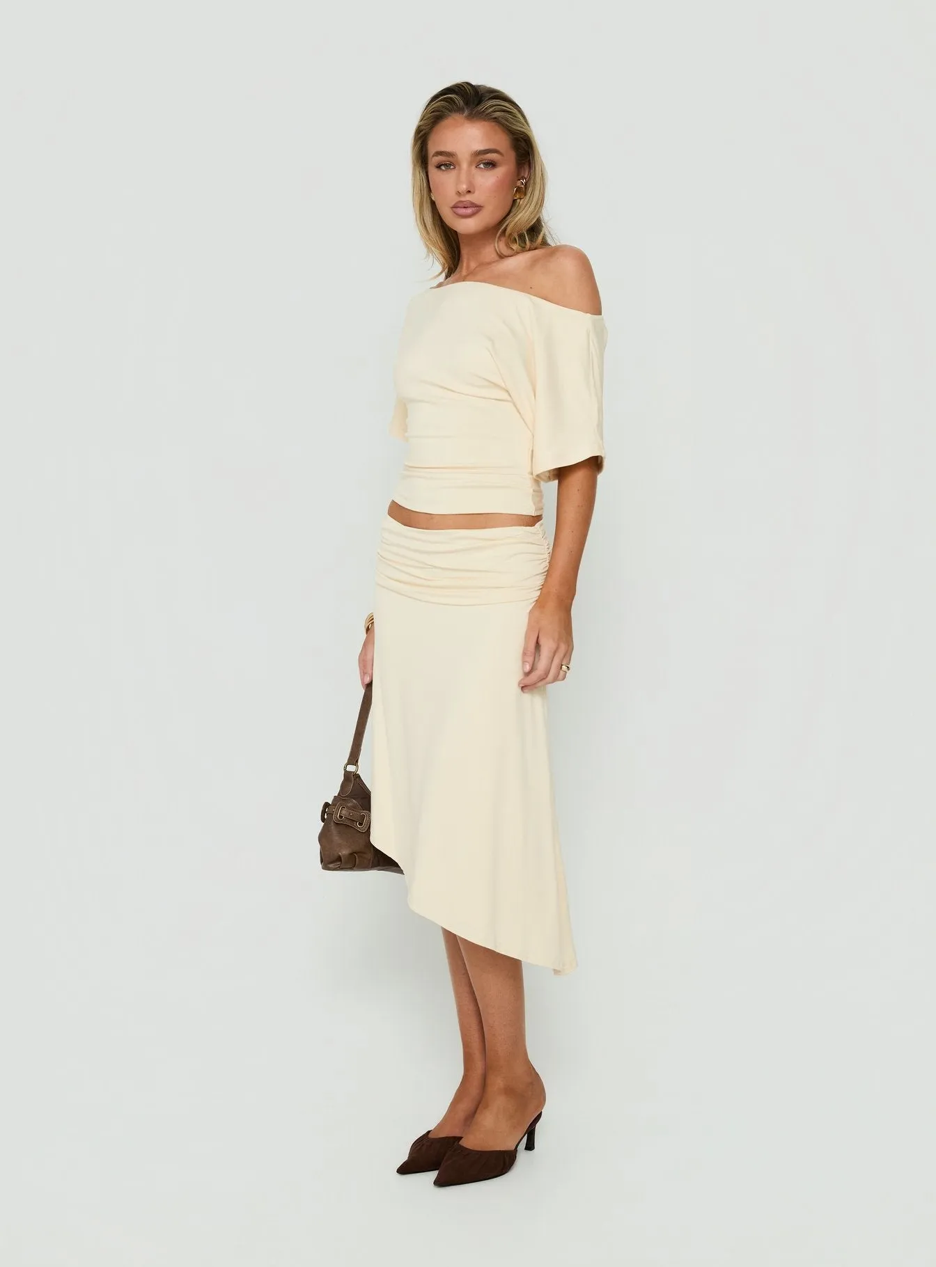 Sezzia Ruched Asymmetrical Midi Skirt Beige sold by Princess Polly product image thumbnail 4
