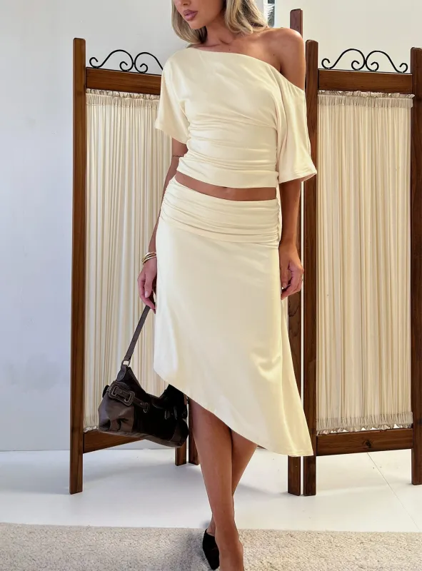 Sezzia Ruched Asymmetrical Midi Skirt Beige made by Princess Polly