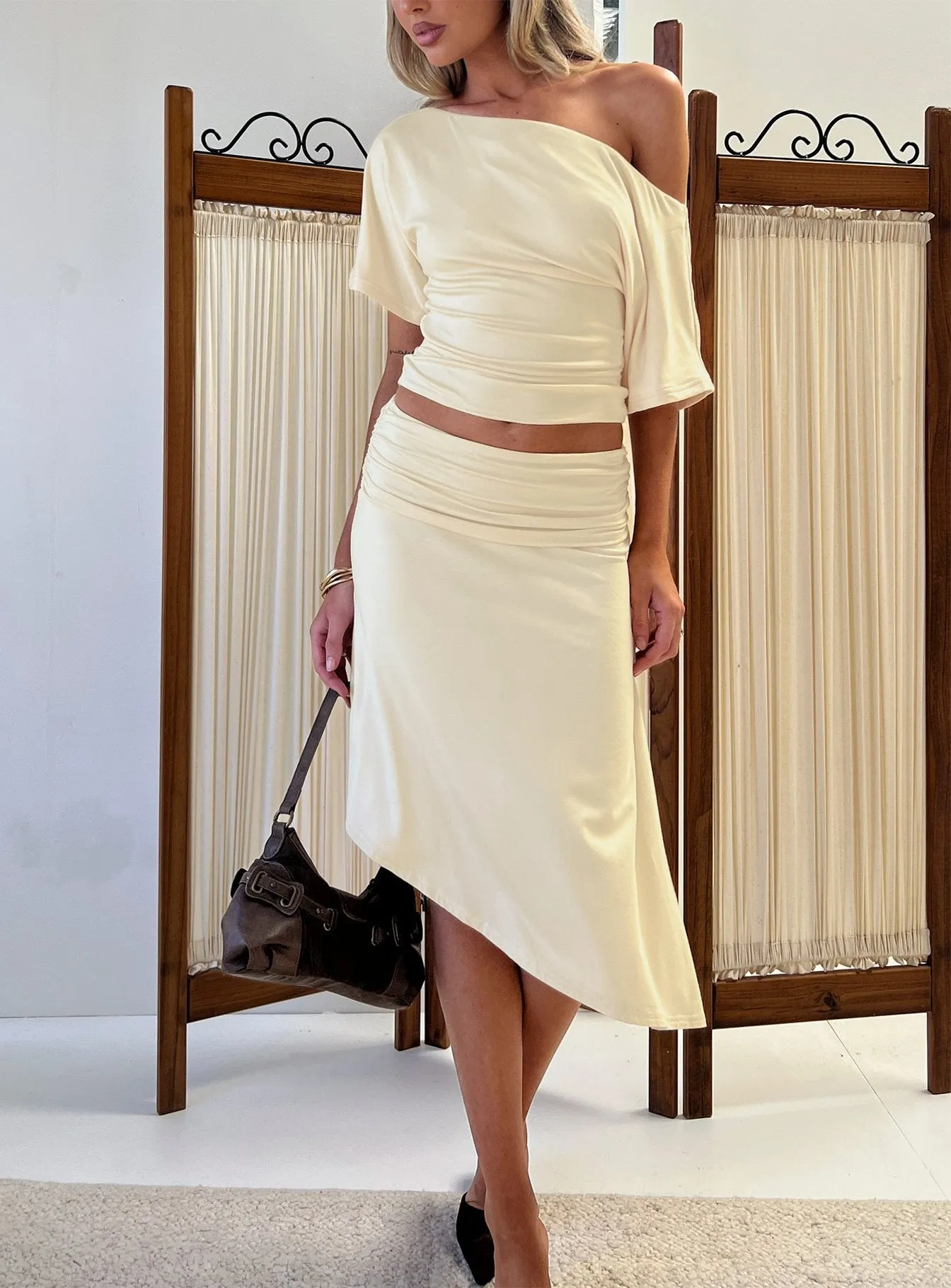 Sezzia Ruched Asymmetrical Midi Skirt Beige sold by Princess Polly