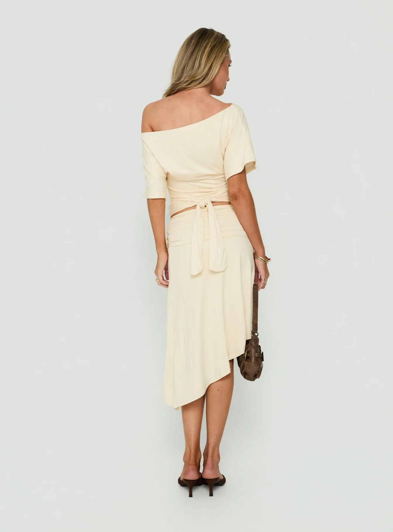 Sezzia Ruched Asymmetrical Midi Skirt Beige sold by Princess Polly product image thumbnail 5