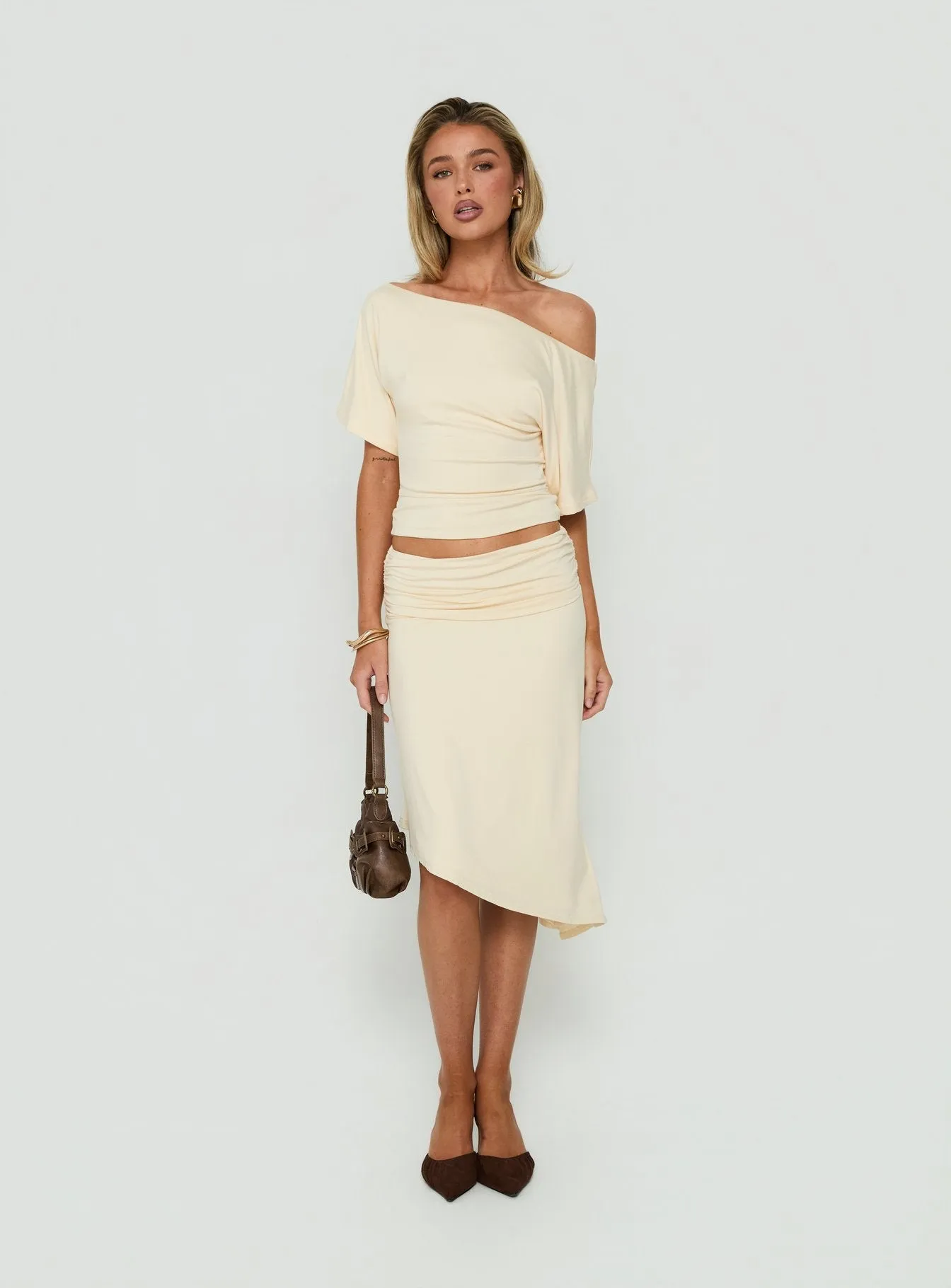 Sezzia Ruched Asymmetrical Midi Skirt Beige sold by Princess Polly product image thumbnail 2