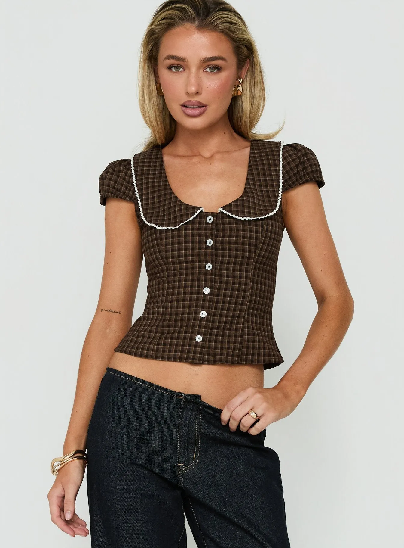Gardinia Collared Button Down Top Brown Check sold by Princess Polly product image thumbnail 2