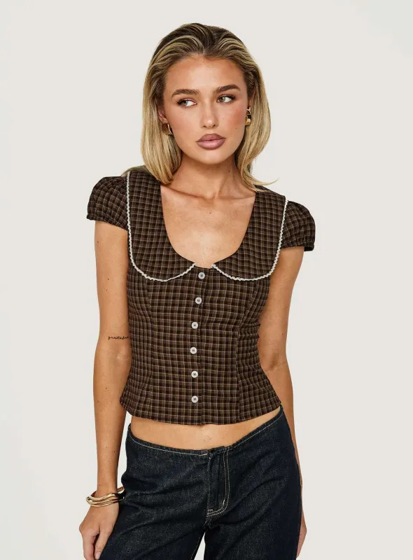 Gardinia Collared Button Down Top Brown Check made by Princess Polly