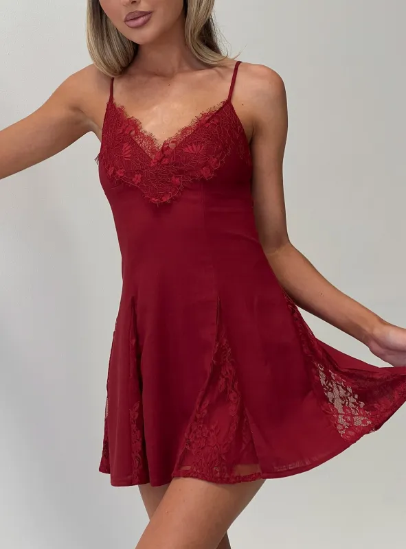 Bloomie Lace Godet Mini Dress Cherry Lacquer made by Princess Polly