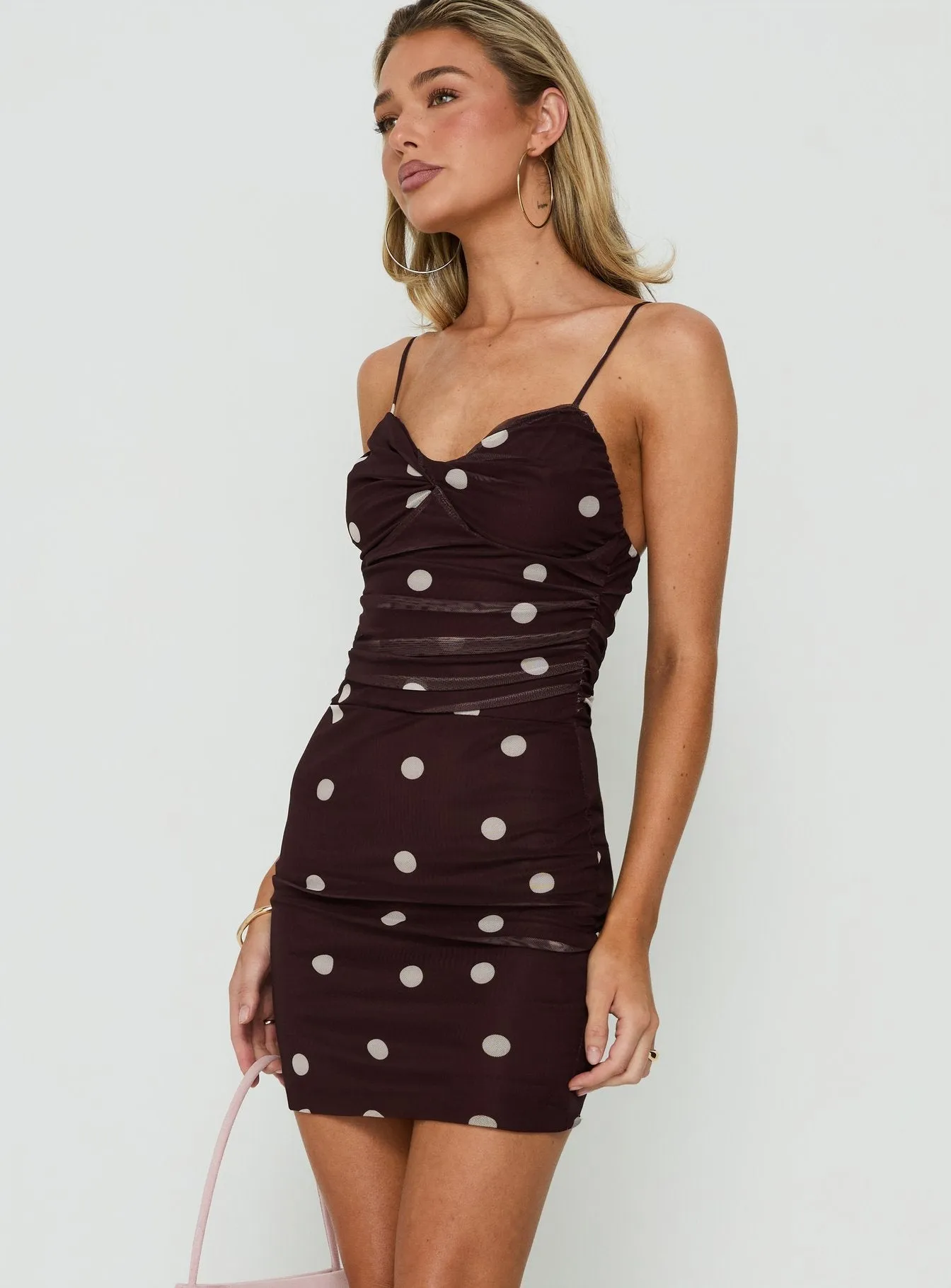 Edesia Ruched Mini Dress Chocolate Polka Dot sold by Princess Polly product image thumbnail 3