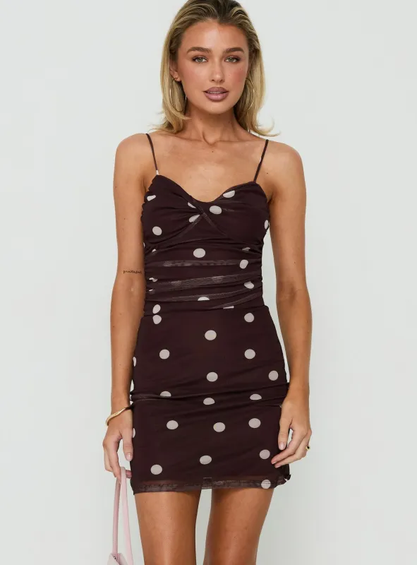 Edesia Ruched Mini Dress Chocolate Polka Dot made by Princess Polly
