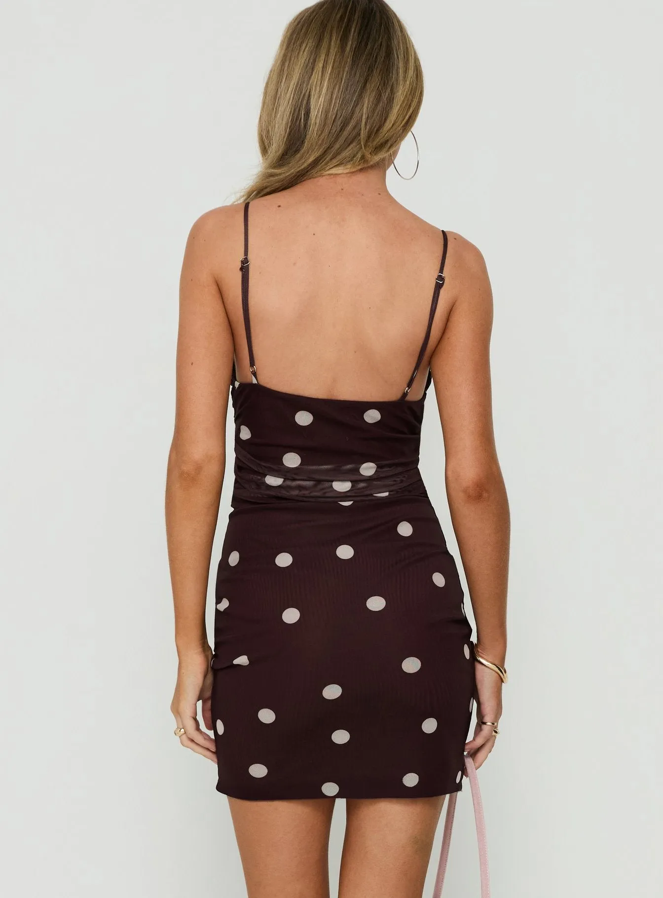 Edesia Ruched Mini Dress Chocolate Polka Dot sold by Princess Polly product image thumbnail 4