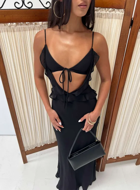 Isamia Frill Cutout Maxi Dress Black made by Princess Polly